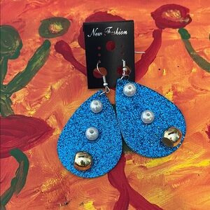 Blue Glitter Earrings with Pearls and Gold Accents